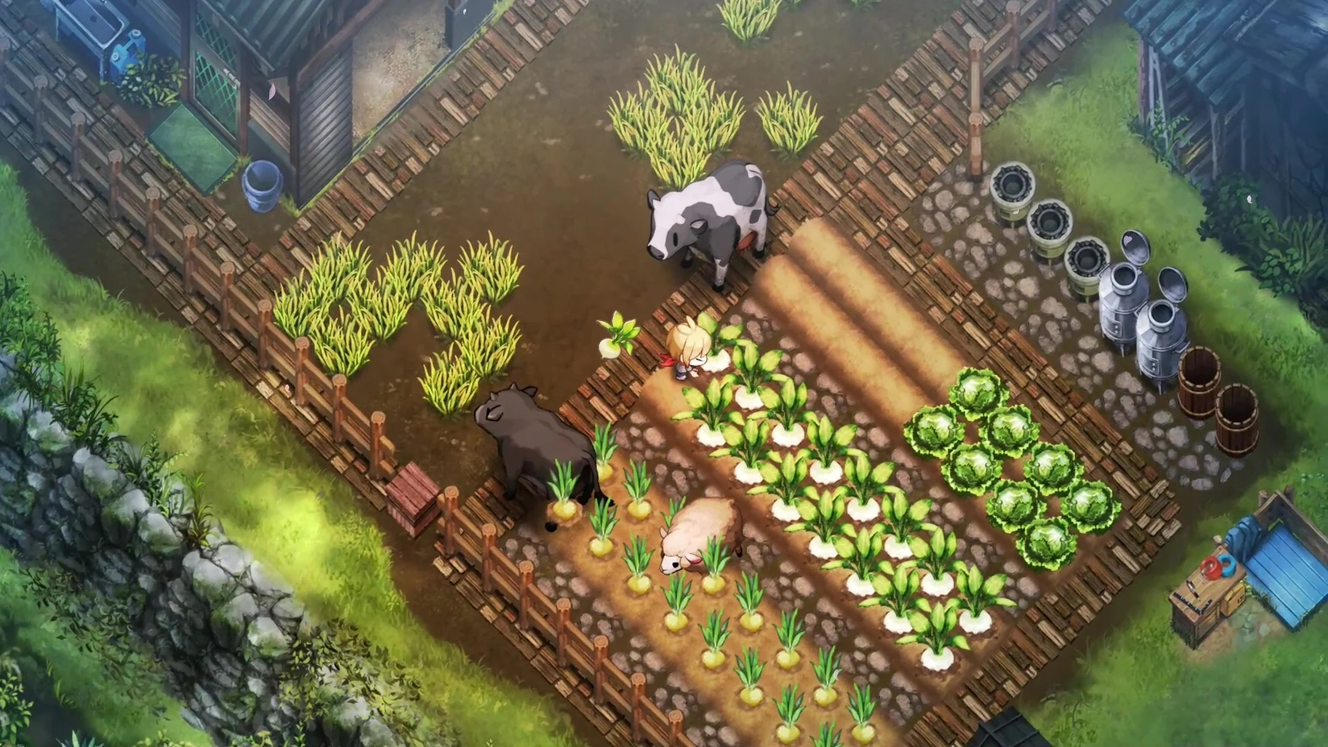 Village in the Shade village scene showing a cozy Japanese countryside with farm fields, traditional houses, and the village atmosphere